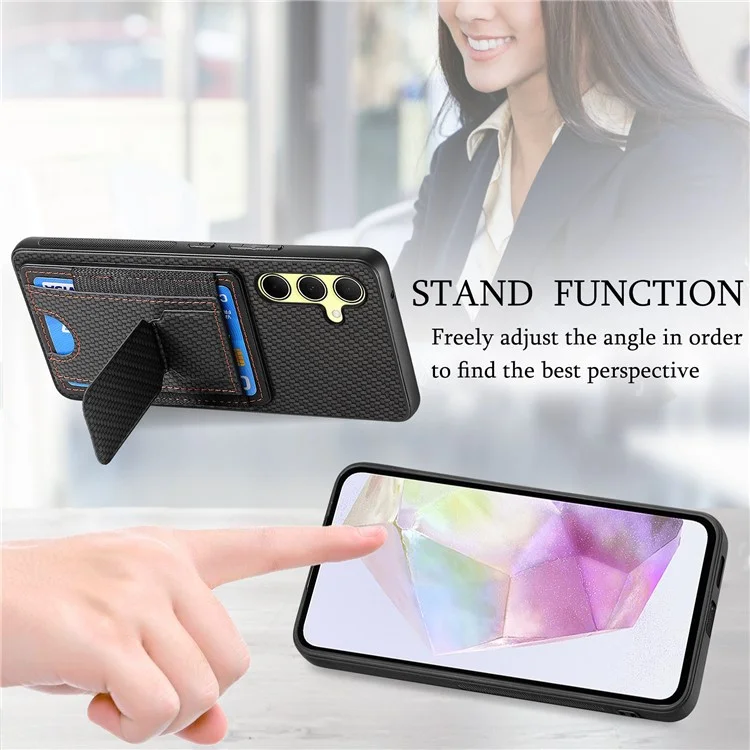 For Samsung Galaxy A35 5G Case with Card Holder Kickstand Fiber Pattern Leather Back Cover - Black