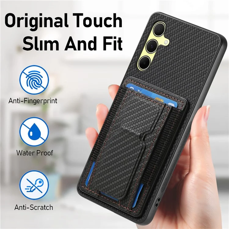 For Samsung Galaxy A35 5G Case with Card Holder Kickstand Fiber Pattern Leather Back Cover - Black