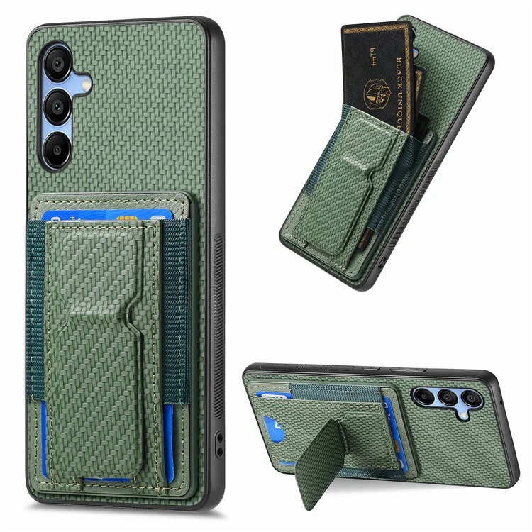 For Samsung Galaxy A15 5G Case with Card Holder Kickstand Fiber Pattern Leather Back Cover - Green