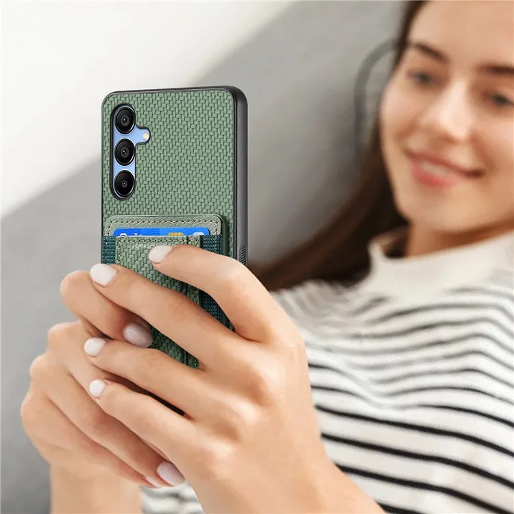 For Samsung Galaxy A15 5G Case with Card Holder Kickstand Fiber Pattern Leather Back Cover - Green