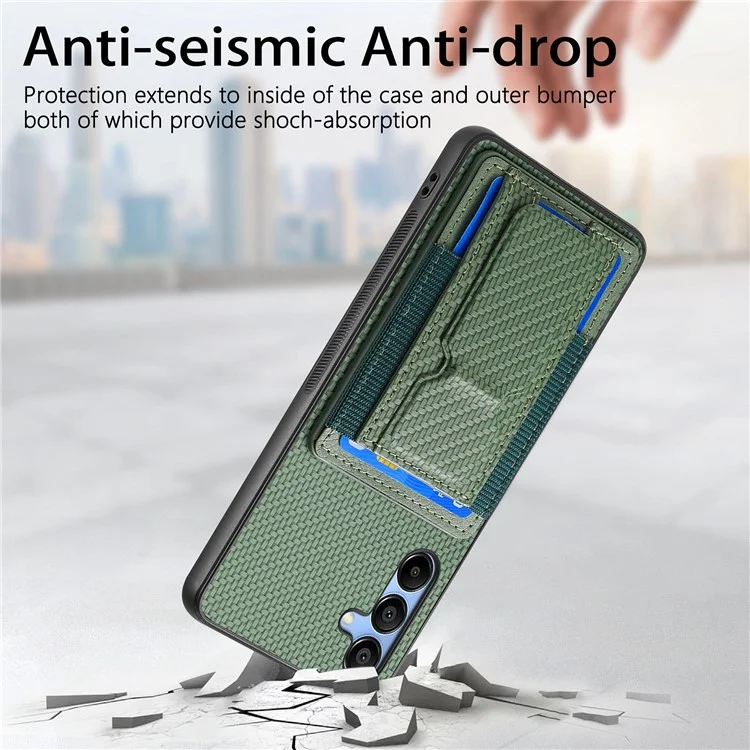 For Samsung Galaxy A15 5G Case with Card Holder Kickstand Fiber Pattern Leather Back Cover - Green