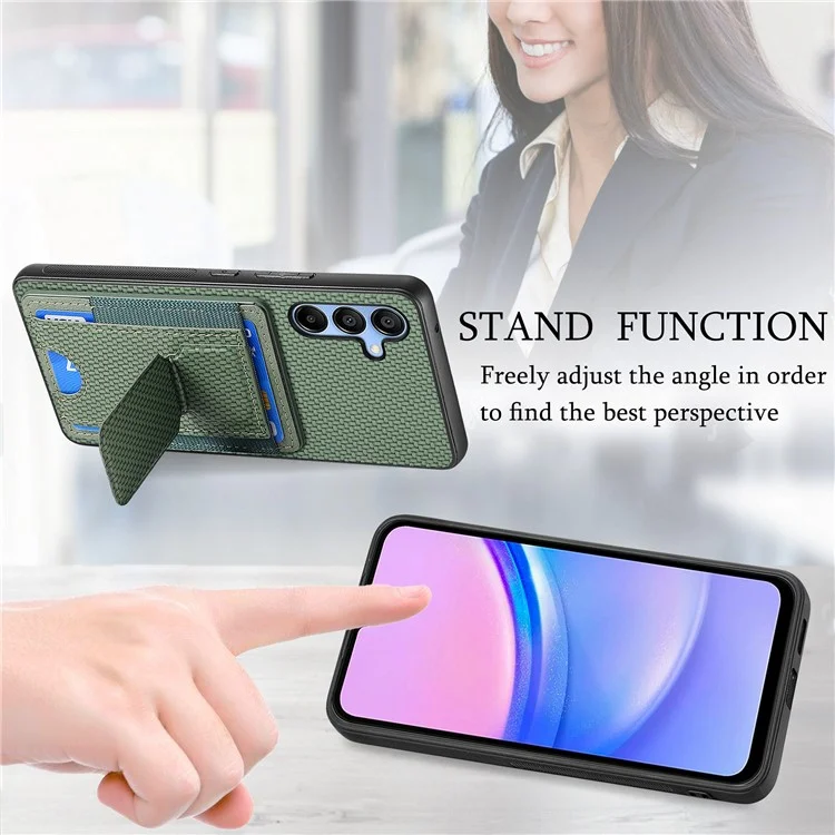 For Samsung Galaxy A15 5G Case with Card Holder Kickstand Fiber Pattern Leather Back Cover - Green
