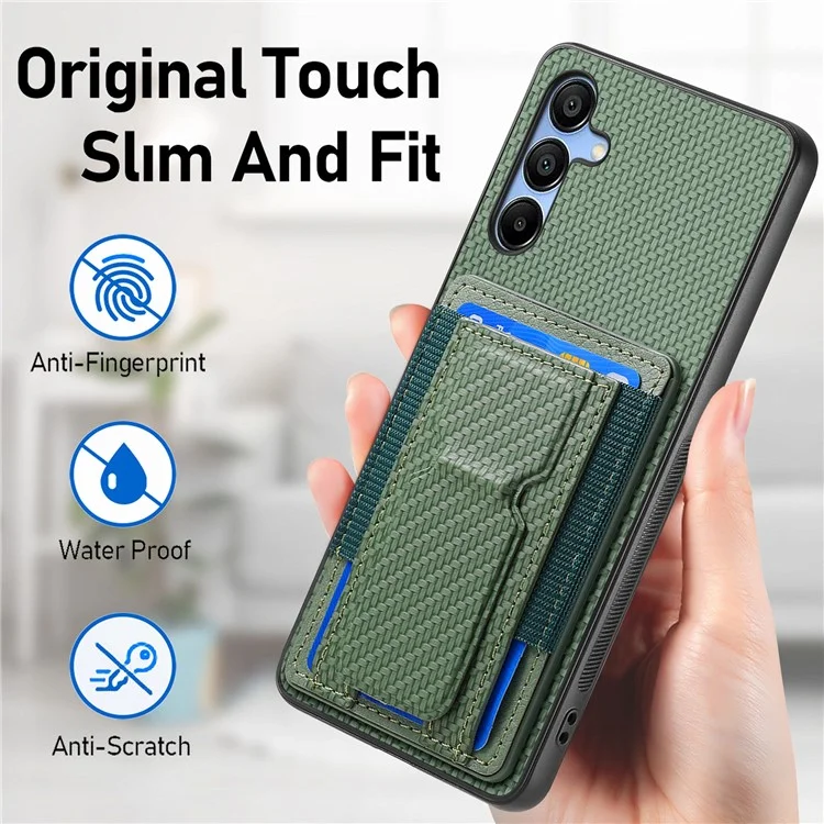 For Samsung Galaxy A15 5G Case with Card Holder Kickstand Fiber Pattern Leather Back Cover - Green