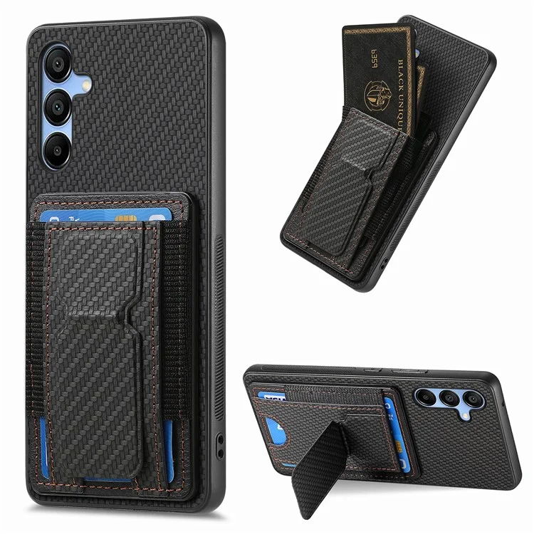 For Samsung Galaxy A15 5G Case with Card Holder Kickstand Fiber Pattern Leather Back Cover - Black