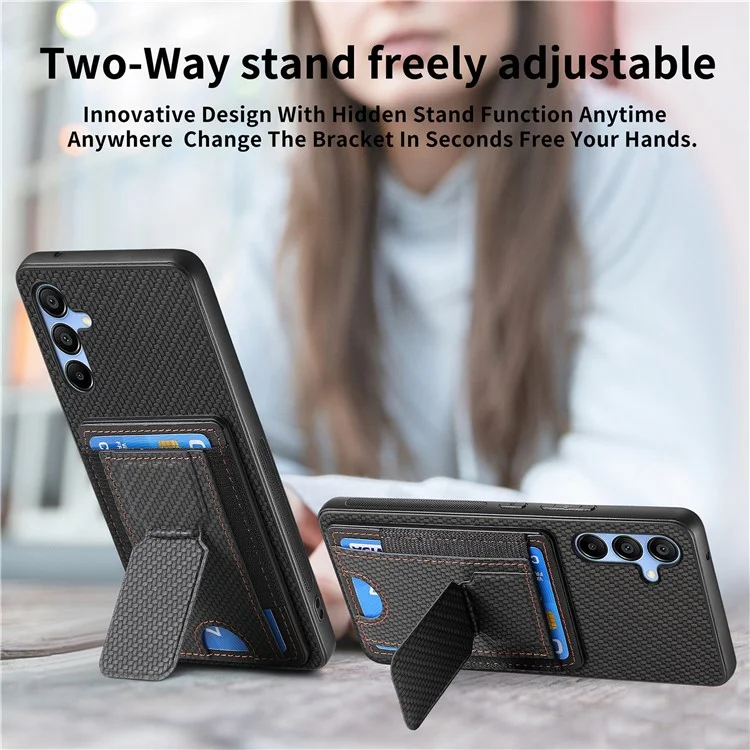 For Samsung Galaxy A15 5G Case with Card Holder Kickstand Fiber Pattern Leather Back Cover - Black
