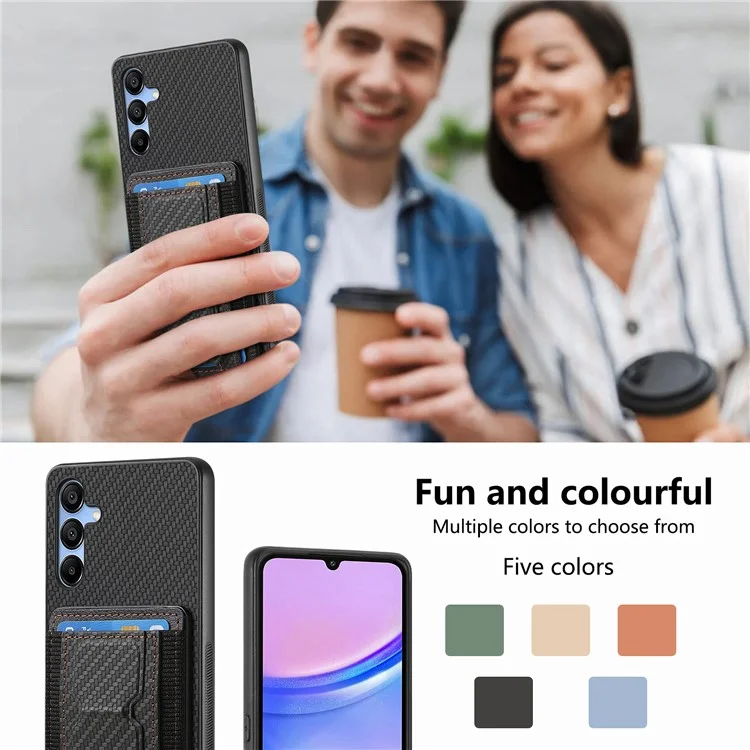 For Samsung Galaxy A15 5G Case with Card Holder Kickstand Fiber Pattern Leather Back Cover - Black