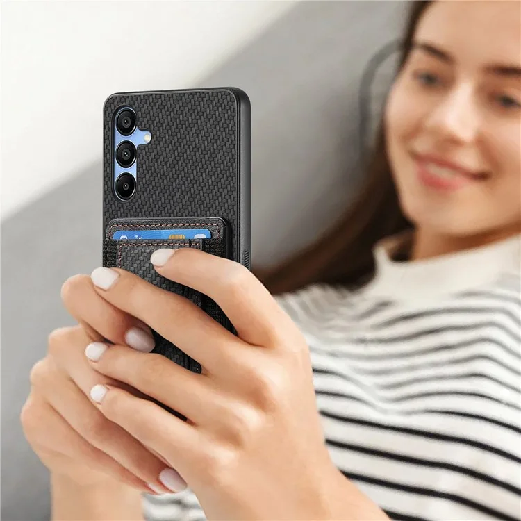 For Samsung Galaxy A15 5G Case with Card Holder Kickstand Fiber Pattern Leather Back Cover - Black