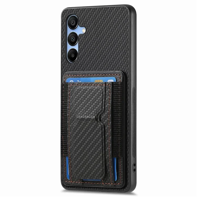 For Samsung Galaxy A15 5G Case with Card Holder Kickstand Fiber Pattern Leather Back Cover - Black