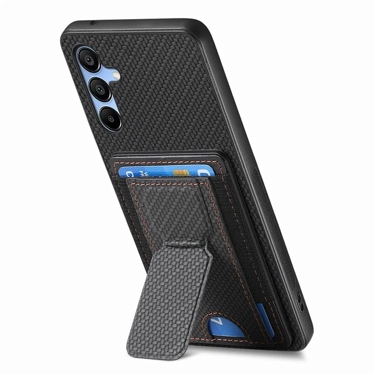 For Samsung Galaxy A15 5G Case with Card Holder Kickstand Fiber Pattern Leather Back Cover - Black