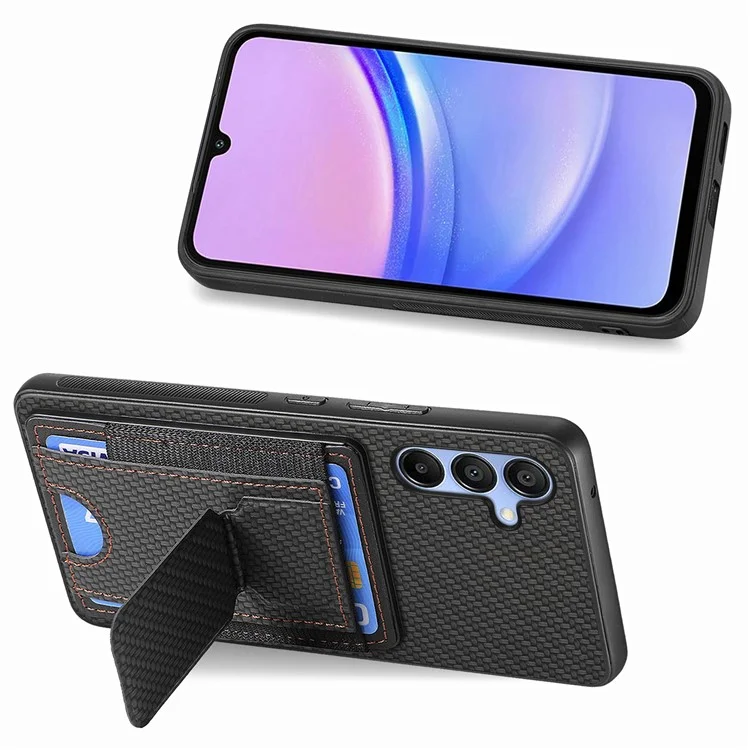 For Samsung Galaxy A15 5G Case with Card Holder Kickstand Fiber Pattern Leather Back Cover - Black