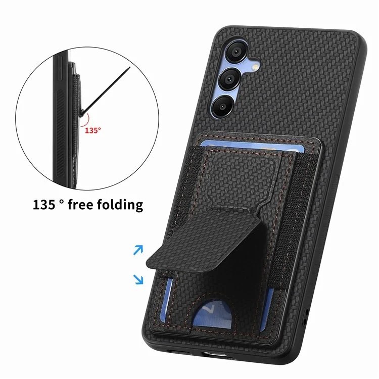 For Samsung Galaxy A15 5G Case with Card Holder Kickstand Fiber Pattern Leather Back Cover - Black
