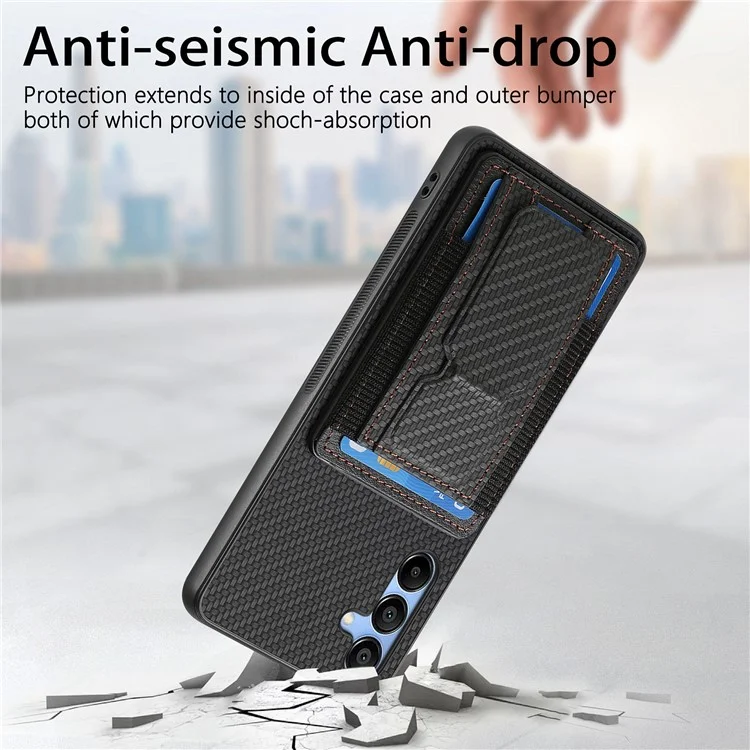 For Samsung Galaxy A15 5G Case with Card Holder Kickstand Fiber Pattern Leather Back Cover - Black