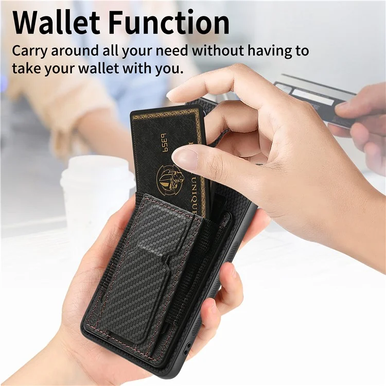 For Samsung Galaxy A15 5G Case with Card Holder Kickstand Fiber Pattern Leather Back Cover - Black