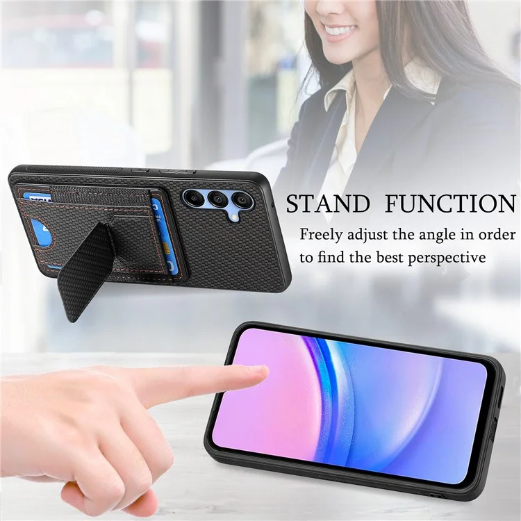 For Samsung Galaxy A15 5G Case with Card Holder Kickstand Fiber Pattern Leather Back Cover - Black