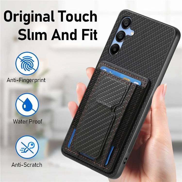 For Samsung Galaxy A15 5G Case with Card Holder Kickstand Fiber Pattern Leather Back Cover - Black