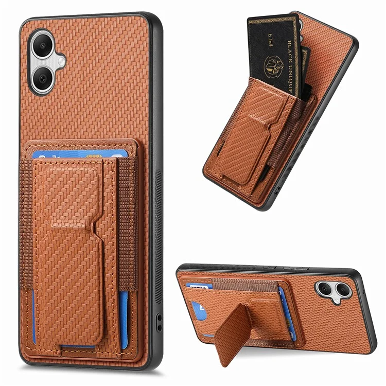 For Samsung Galaxy A05 4G Case with Card Holder Kickstand Fiber Pattern Leather Back Cover - Brown