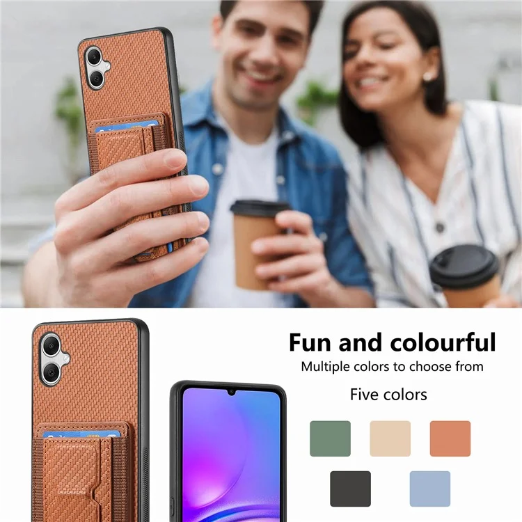 For Samsung Galaxy A05 4G Case with Card Holder Kickstand Fiber Pattern Leather Back Cover - Brown
