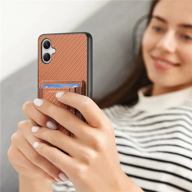 For Samsung Galaxy A05 4G Case with Card Holder Kickstand Fiber Pattern Leather Back Cover - Brown
