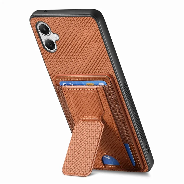 For Samsung Galaxy A05 4G Case with Card Holder Kickstand Fiber Pattern Leather Back Cover - Brown