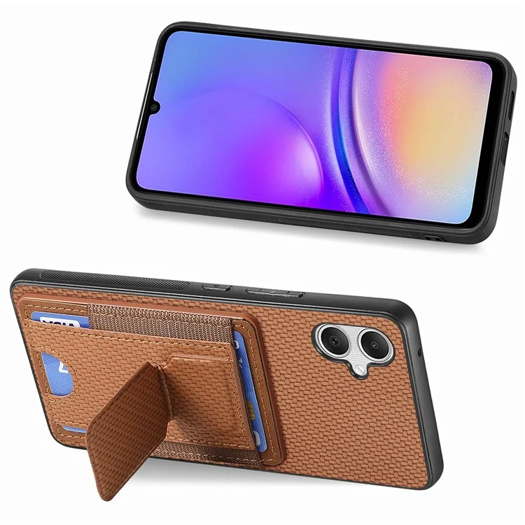 For Samsung Galaxy A05 4G Case with Card Holder Kickstand Fiber Pattern Leather Back Cover - Brown