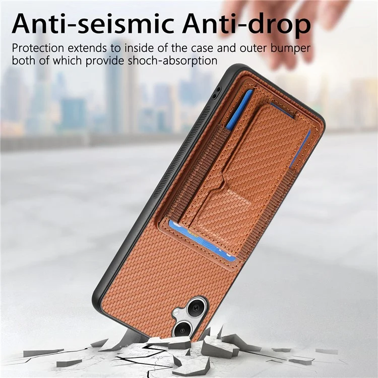 For Samsung Galaxy A05 4G Case with Card Holder Kickstand Fiber Pattern Leather Back Cover - Brown