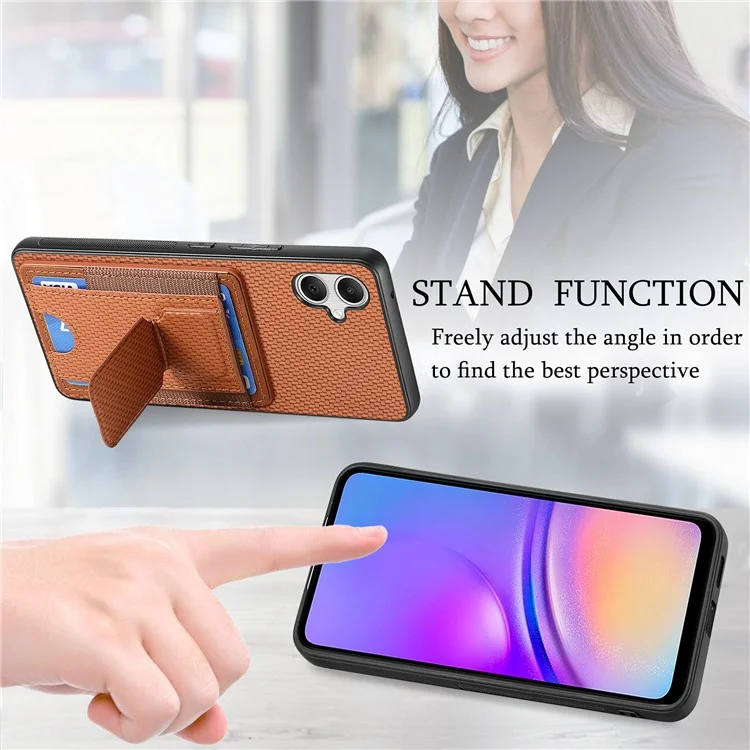 For Samsung Galaxy A05 4G Case with Card Holder Kickstand Fiber Pattern Leather Back Cover - Brown
