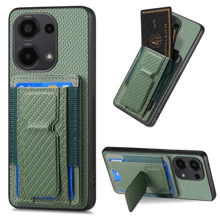 For Xiaomi Redmi Note 13 Pro 4G / Poco M6 Pro 4G Case with Card Holder Kickstand Fiber Pattern Leather Back Cover - Green
