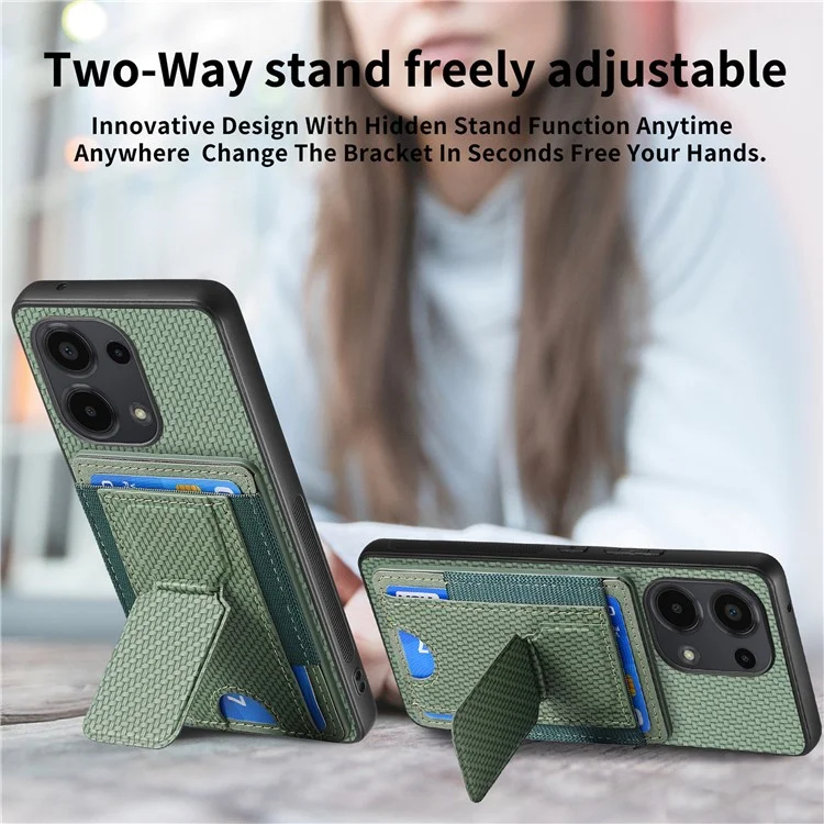 For Xiaomi Redmi Note 13 Pro 4G / Poco M6 Pro 4G Case with Card Holder Kickstand Fiber Pattern Leather Back Cover - Green