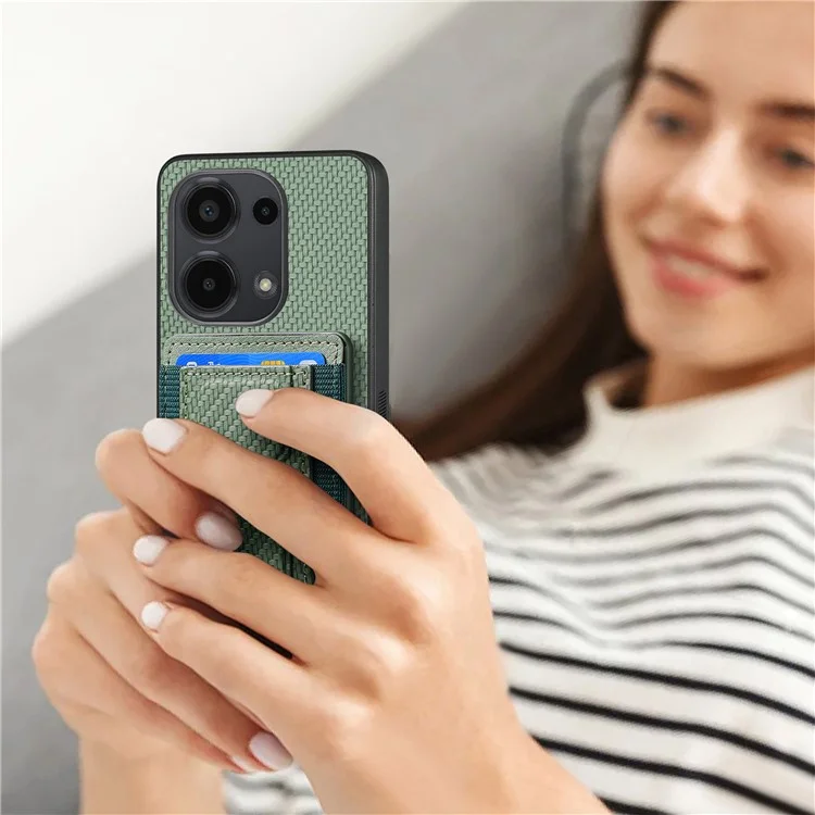 For Xiaomi Redmi Note 13 Pro 4G / Poco M6 Pro 4G Case with Card Holder Kickstand Fiber Pattern Leather Back Cover - Green