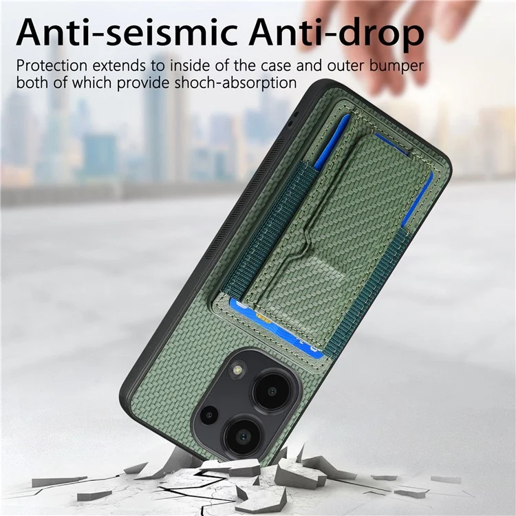 For Xiaomi Redmi Note 13 Pro 4G / Poco M6 Pro 4G Case with Card Holder Kickstand Fiber Pattern Leather Back Cover - Green