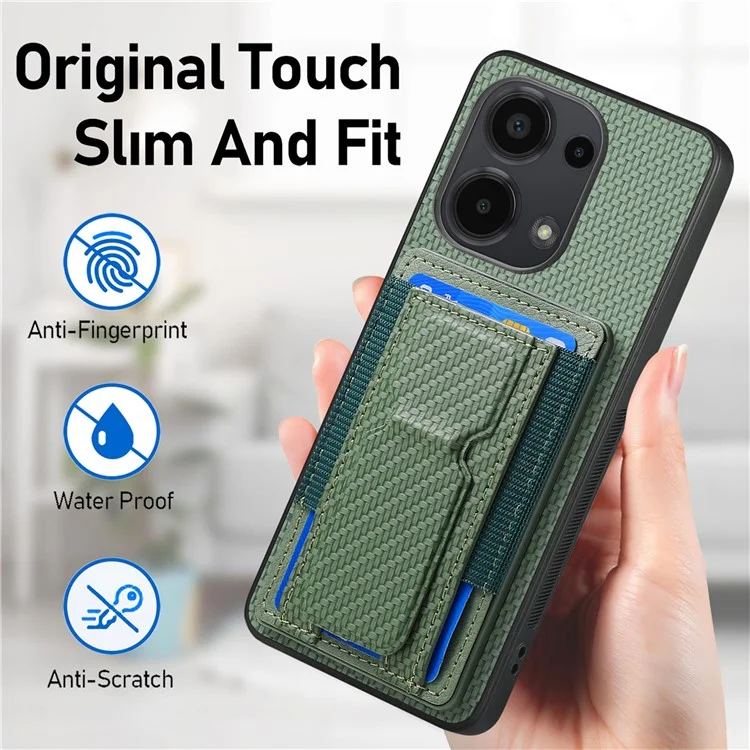 For Xiaomi Redmi Note 13 Pro 4G / Poco M6 Pro 4G Case with Card Holder Kickstand Fiber Pattern Leather Back Cover - Green