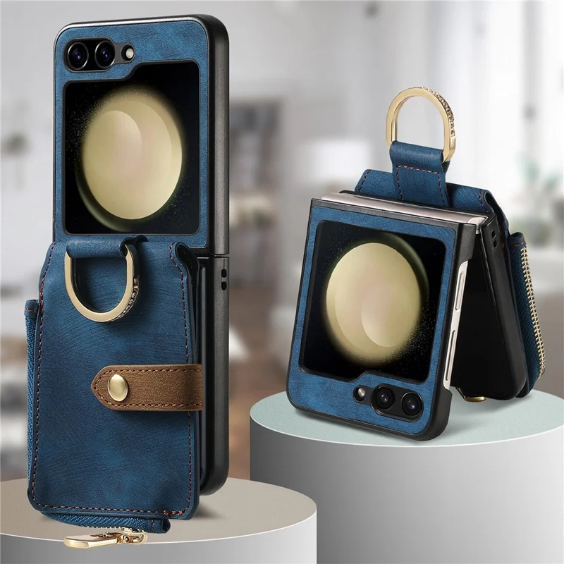 Pour Samsung Galaxy Z Flip6 5G Etui Poche Zipper Bague Doigt Rétro Cuir+PC Housse de Téléphone - Bleu