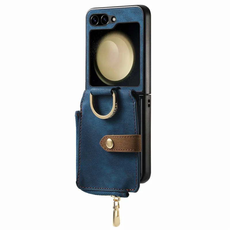 Pour Samsung Galaxy Z Flip6 5G Etui Poche Zipper Bague Doigt Rétro Cuir+PC Housse de Téléphone - Bleu