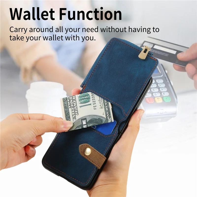 Pour Samsung Galaxy Z Flip6 5G Etui Poche Zipper Bague Doigt Rétro Cuir+PC Housse de Téléphone - Bleu