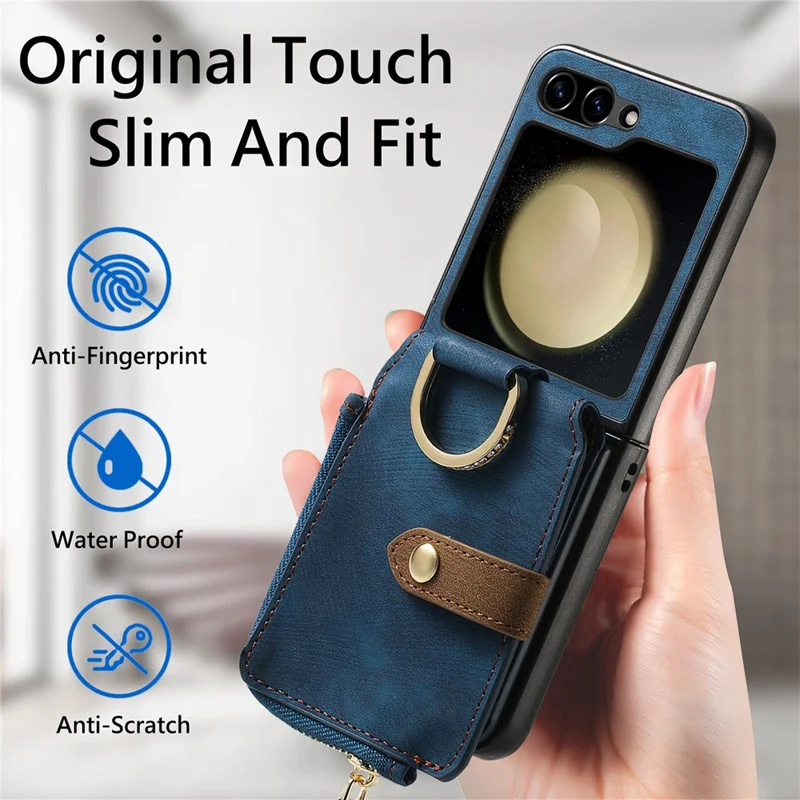 Pour Samsung Galaxy Z Flip6 5G Etui Poche Zipper Bague Doigt Rétro Cuir+PC Housse de Téléphone - Bleu