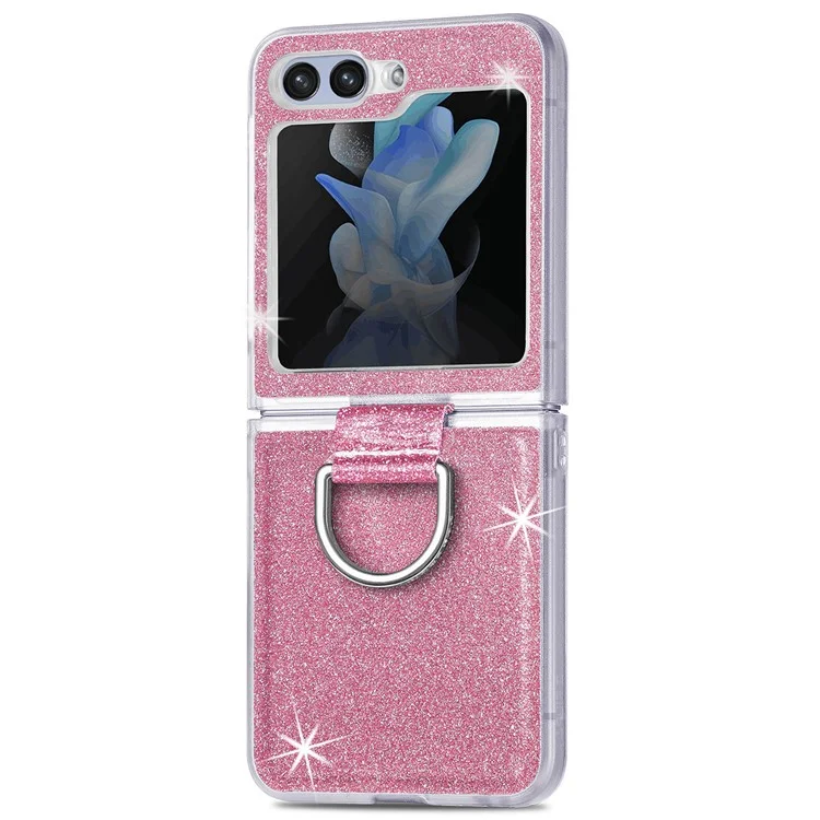 For Samsung Galaxy Z Flip6 5G Case Leather+PC Glitter Phone Cover Rhinestone Ring Holder - Pink