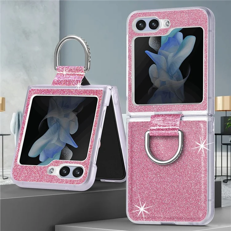 For Samsung Galaxy Z Flip6 5G Case Leather+PC Glitter Phone Cover Rhinestone Ring Holder - Pink
