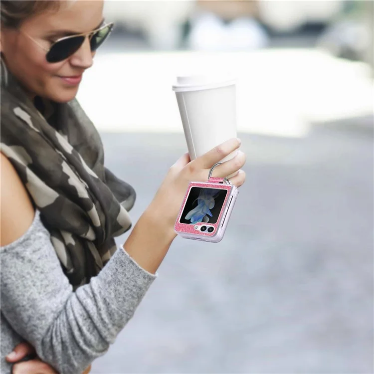 For Samsung Galaxy Z Flip6 5G Case Leather+PC Glitter Phone Cover Rhinestone Ring Holder - Pink