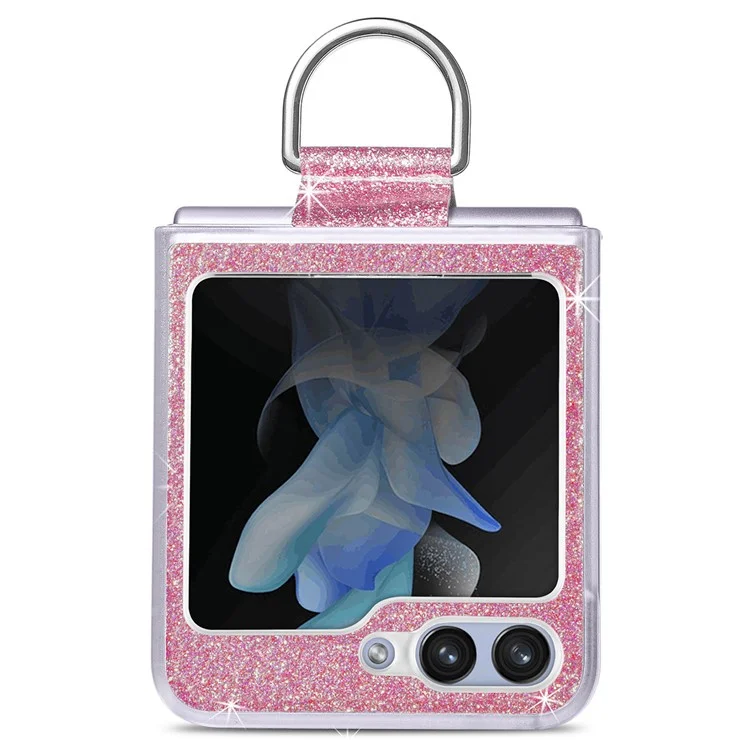 For Samsung Galaxy Z Flip6 5G Case Leather+PC Glitter Phone Cover Rhinestone Ring Holder - Pink