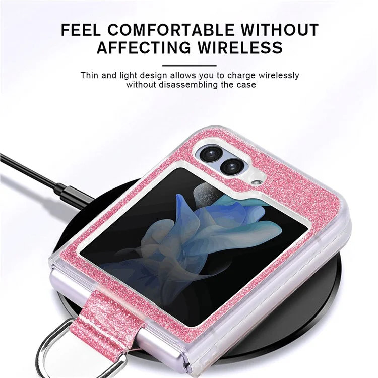 For Samsung Galaxy Z Flip6 5G Case Leather+PC Glitter Phone Cover Rhinestone Ring Holder - Pink