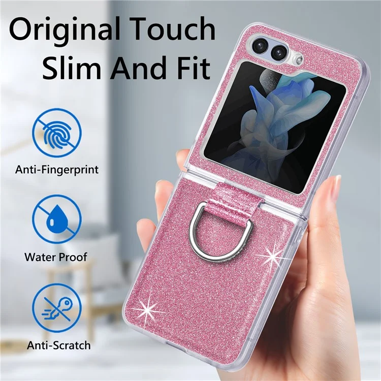 For Samsung Galaxy Z Flip6 5G Case Leather+PC Glitter Phone Cover Rhinestone Ring Holder - Pink