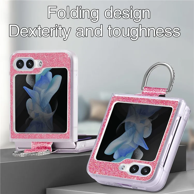 For Samsung Galaxy Z Flip6 5G Case Leather+PC Glitter Phone Cover Rhinestone Ring Holder - Pink