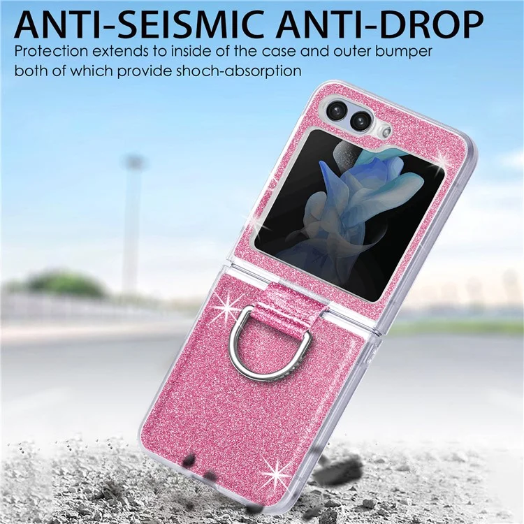 For Samsung Galaxy Z Flip6 5G Case Leather+PC Glitter Phone Cover Rhinestone Ring Holder - Pink