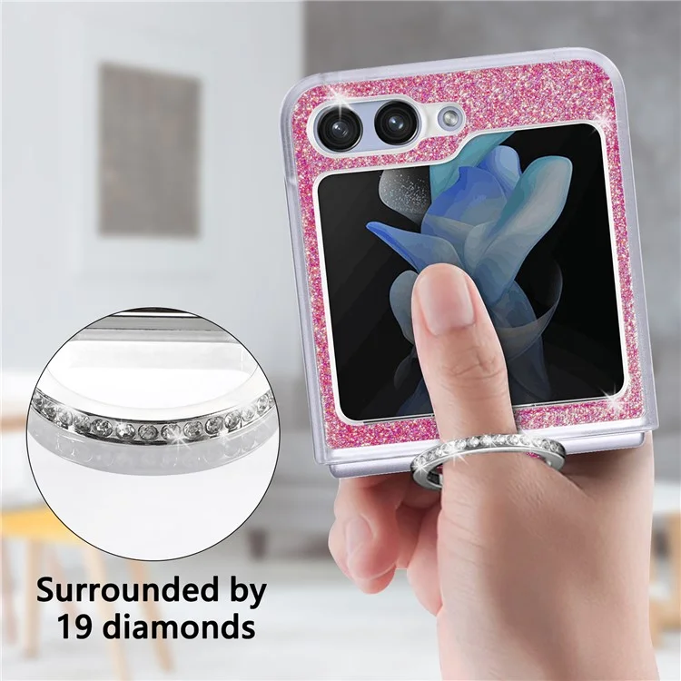 For Samsung Galaxy Z Flip6 5G Case Leather+PC Glitter Phone Cover Rhinestone Ring Holder - Pink
