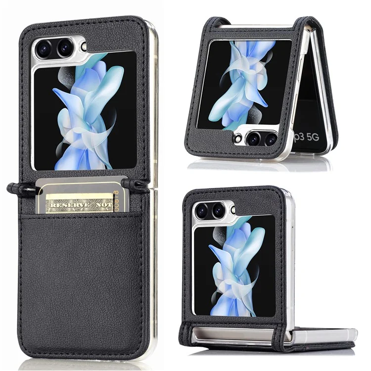 Para Samsung Galaxy Z Flip6 5G Case Slot de Cartão Couro + Capa de Telefone PC - Preto