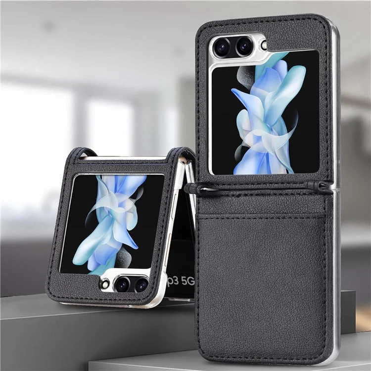 Para Samsung Galaxy Z Flip6 5G Case Slot de Cartão Couro + Capa de Telefone PC - Preto
