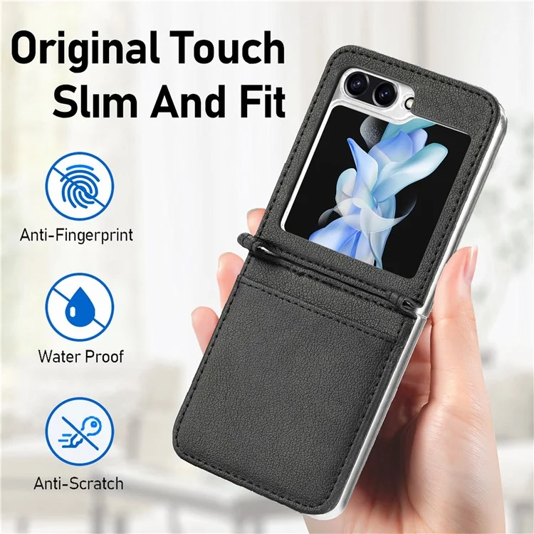 Para Samsung Galaxy Z Flip6 5G Case Slot de Cartão Couro + Capa de Telefone PC - Preto