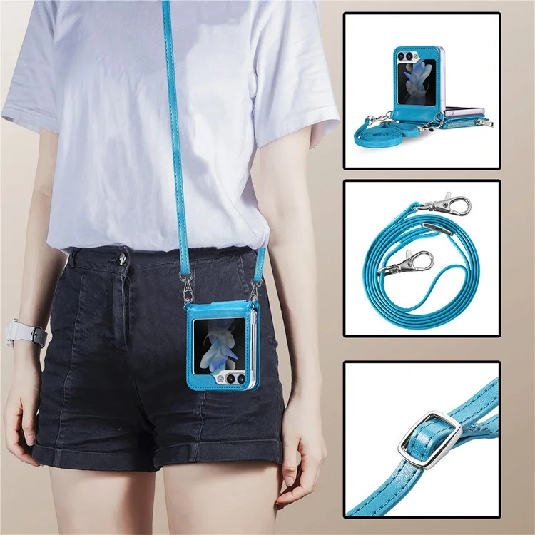 For Samsung Galaxy Z Flip6 5G Case Zipper Card Holder Leather Phone Cover with Long Strap - Blue