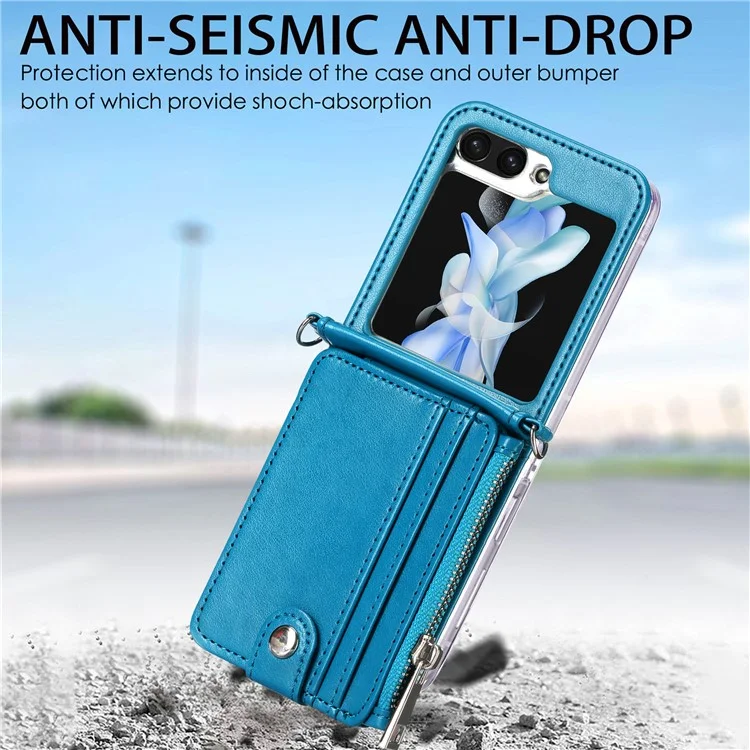 For Samsung Galaxy Z Flip6 5G Case Zipper Card Holder Leather Phone Cover with Long Strap - Blue