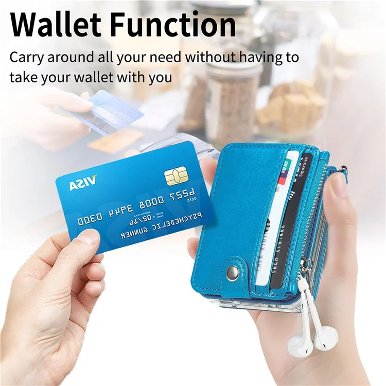 For Samsung Galaxy Z Flip6 5G Case Zipper Card Holder Leather Phone Cover with Long Strap - Blue